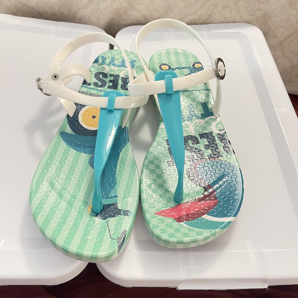 ISH Jelly Thong Sandals Womens Size‎ 6 Mint Turquoise Retro Print Ankle Strap